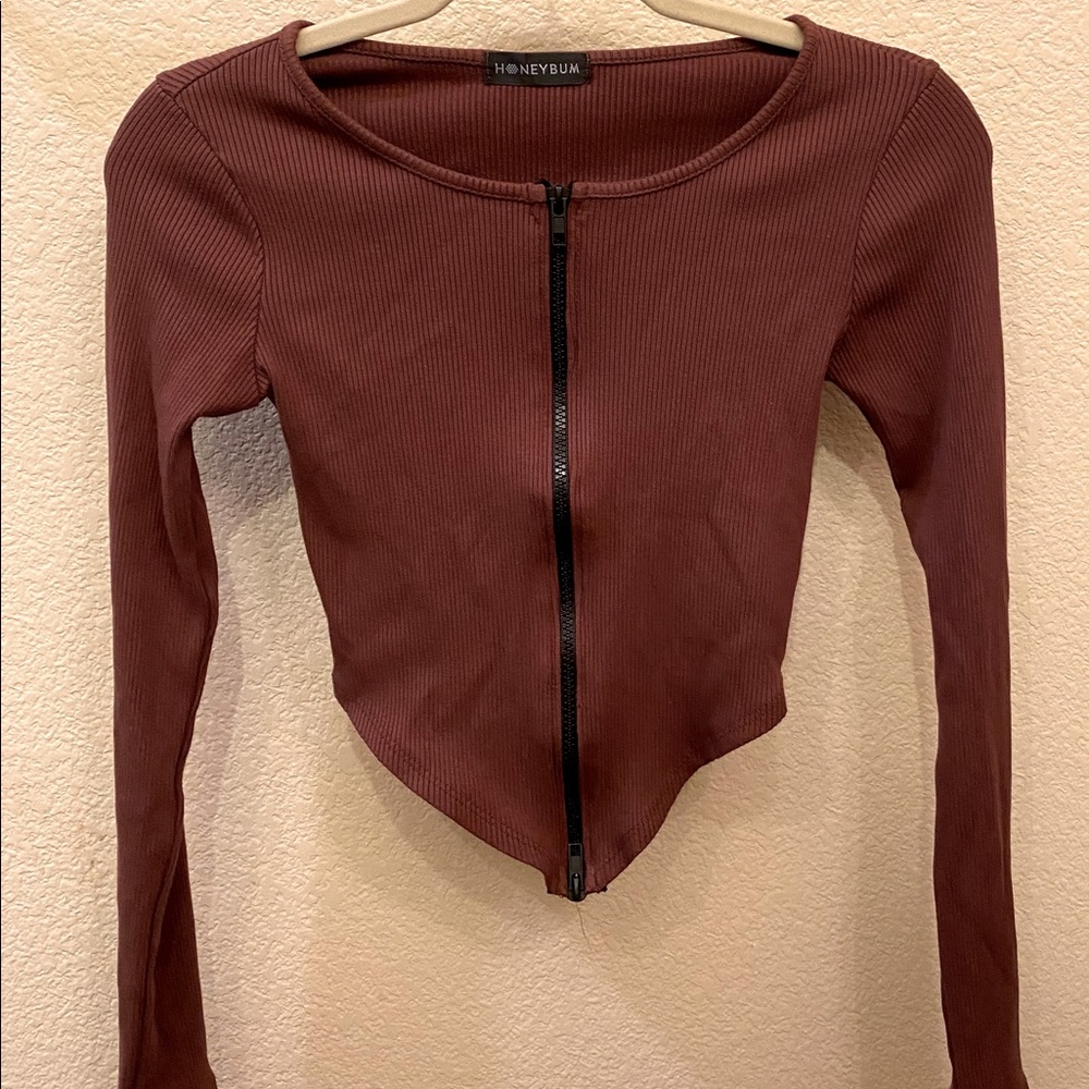 HONEYBUM Brown Zip-up Crop-top